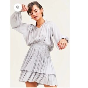 Reset By Jane Lana Dress Grey Silver V-Neck Ruched Bubble Top Smocked Waist L